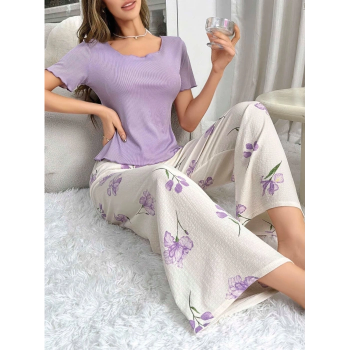 Kadın Mor Çiçek Desenli Yumuşak Pamuklu Uzun Pijama Takımı 5133