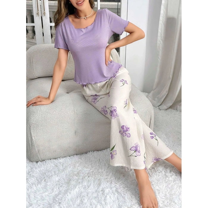 Kadın Mor Çiçek Desenli Yumuşak Pamuklu Uzun Pijama Takımı 5133