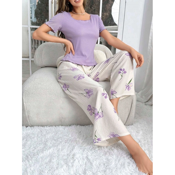 Kadın Mor Çiçek Desenli Yumuşak Pamuklu Uzun Pijama Takımı 5133