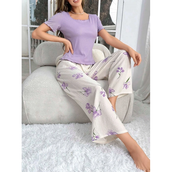 Kadın Mor Çiçek Desenli Yumuşak Pamuklu Uzun Pijama Takımı 5133