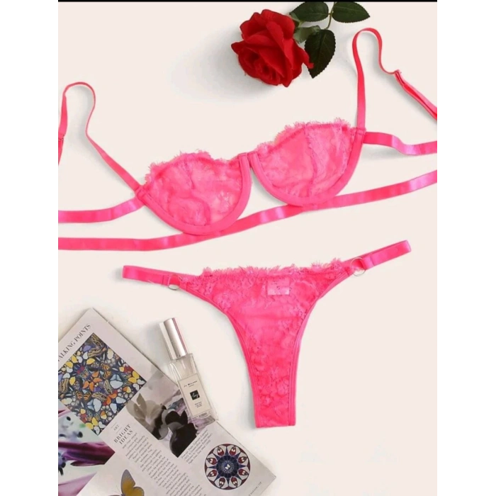 Kadın Neon Fuşya Dantelli Balenli  Sütyen Külot Takım