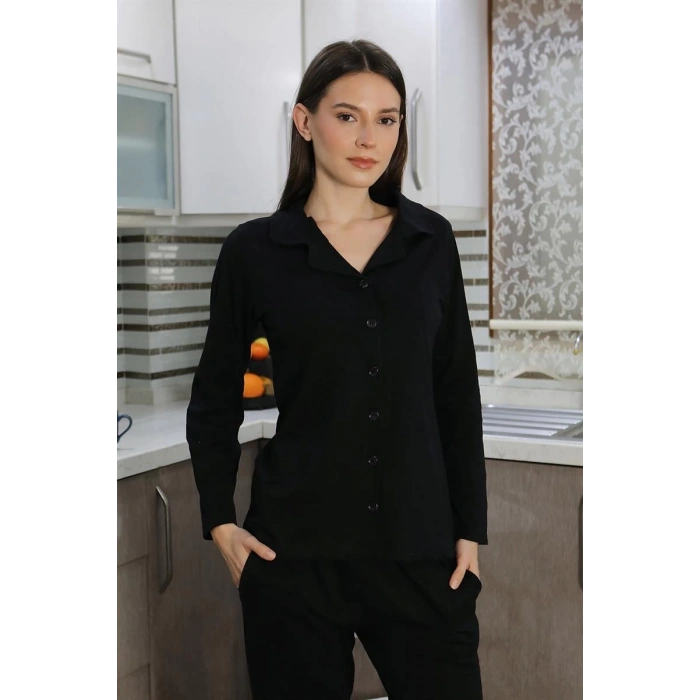 Kadın Pamuk Penye Önden Düğmeli Uzun Kol Pijama Takım Siyah