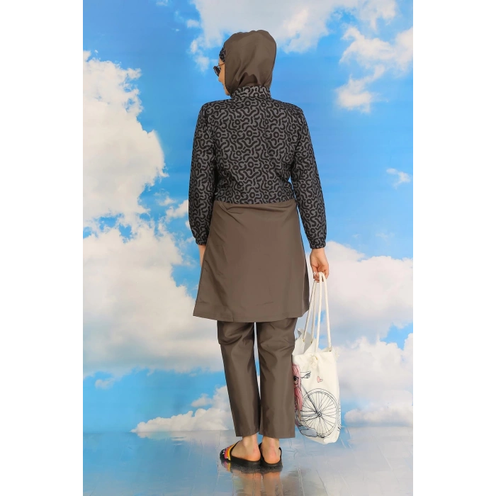 Kadın Pantolonlu Desenli Tam Tesettür Mayo Füme