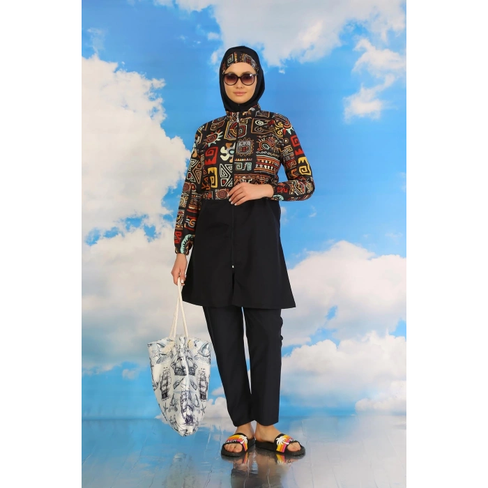 Kadın Pantolonlu Desenli Tam Tesettür Mayo Lacivert