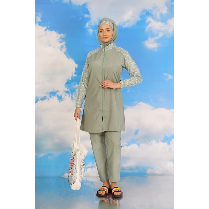 Kadın Pantolonlu Desenli Tam Tesettür Mayo Su Yeşili