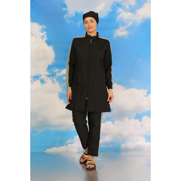 Kadın Pantolonlu Kolu Şeritli Tam Tesettür Mayo Siyah