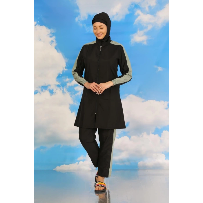 Kadın Pantolonlu Kolu Şeritli Tam Tesettür Mayo Siyah