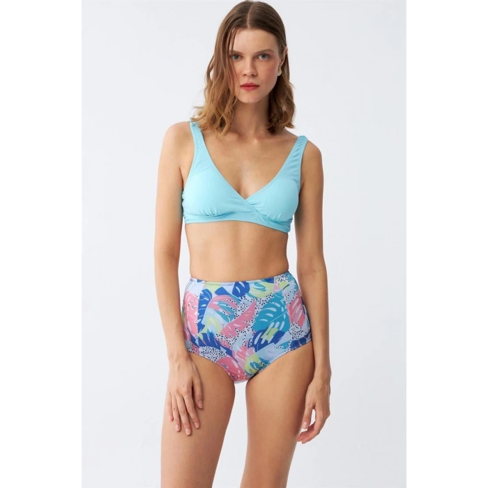 Kadın Pedli Üst Tropik Desenli Yüksek Bel Bikini Takımı - Buz Mavisi