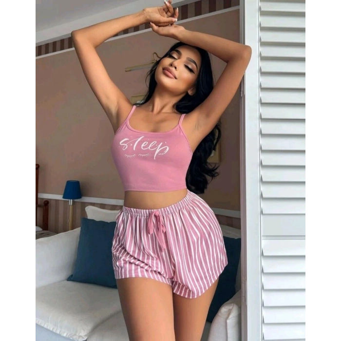 Kadın pembe çizgili desen Askılı Şortlu Pijama Takım 5002
