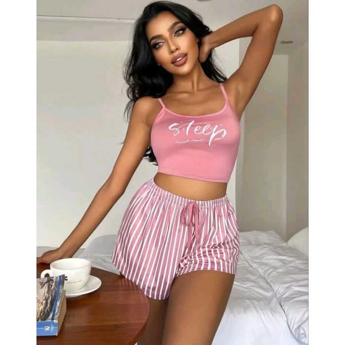 Kadın pembe çizgili desen Askılı Şortlu Pijama Takım 9002