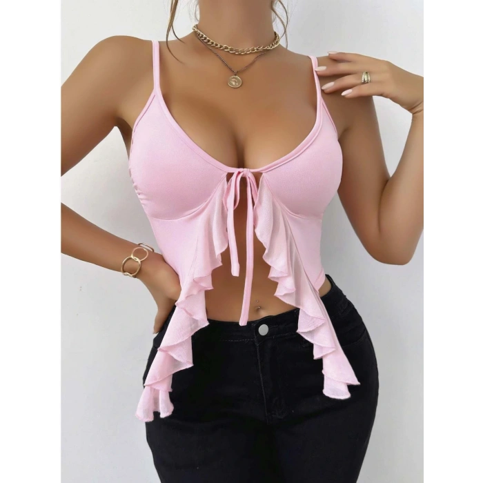 Kadın Pembe Crop Askılı Önden Bağlama Fırfır detaylı 5090