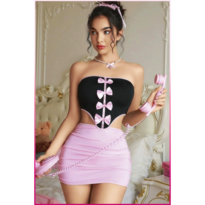 Kadın Pembe Ekose Etekli Seksi Kostüm