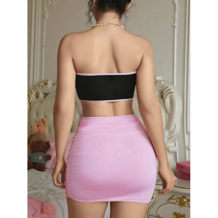 Kadın Pembe Etekli Fiyonk Detaylı Sexy Kostüm 8010