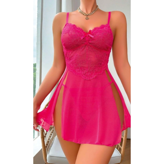 Kadın Pembe Fantezi Gecelik Tül Fiyonk detaylı Yanları Dekolteli 2091