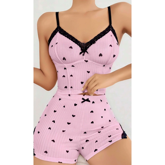 Kadın Pembe Kalp Desenli Askılı Şortlu Pijama Takım 5013