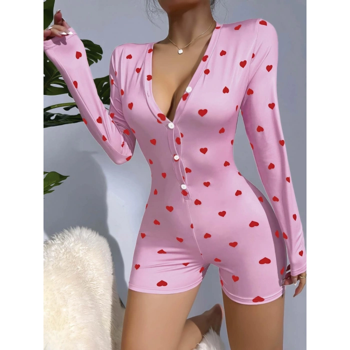 Kadın Pembe Kalp Desenli Pijama Tulumu 5121