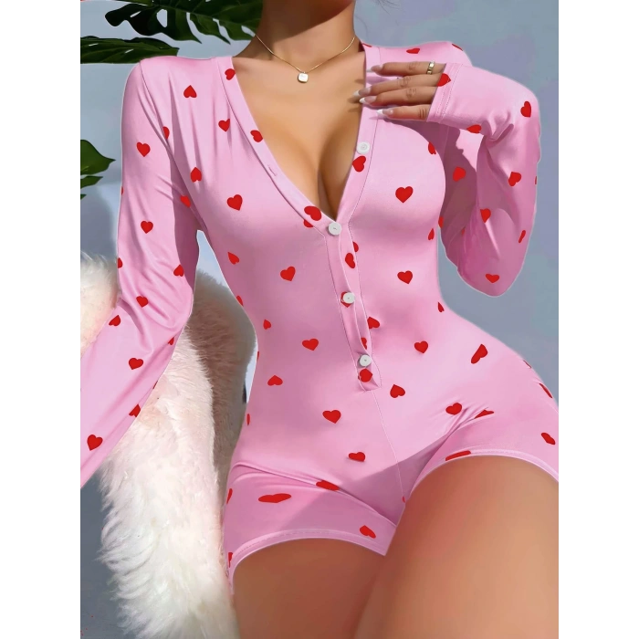 Kadın Pembe Kalp Desenli Pijama Tulumu 5121