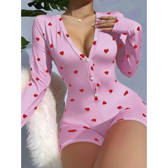 Kadın Pembe Kalp Desenli Pijama Tulumu 5121