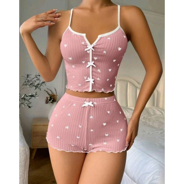 Kadın Pembe Kalpli Askılı Şortlu Pijama Takım 6654