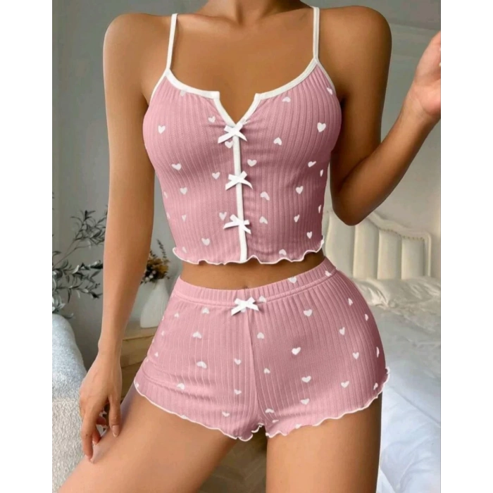 Kadın Pembe Kalpli Askılı Şortlu Pijama Takım 6654