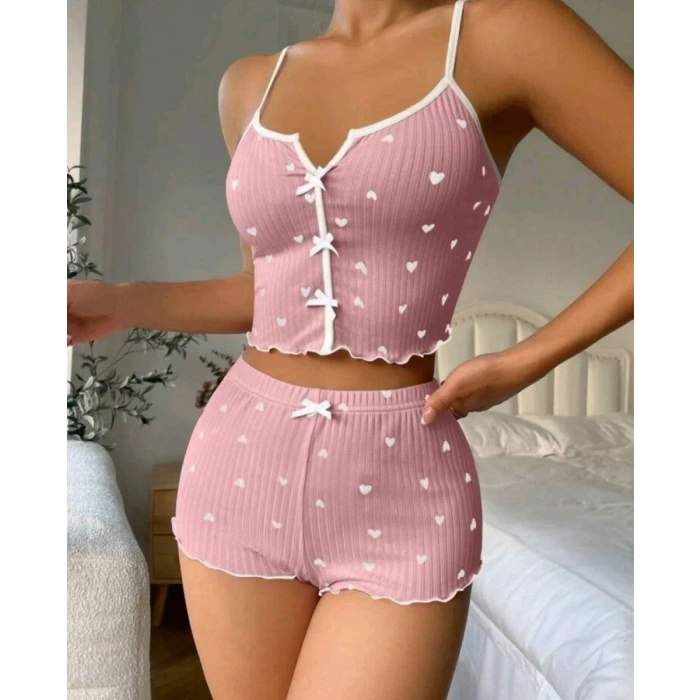 Kadın Pembe Kalpli Askılı Şortlu Pijama Takım 6654
