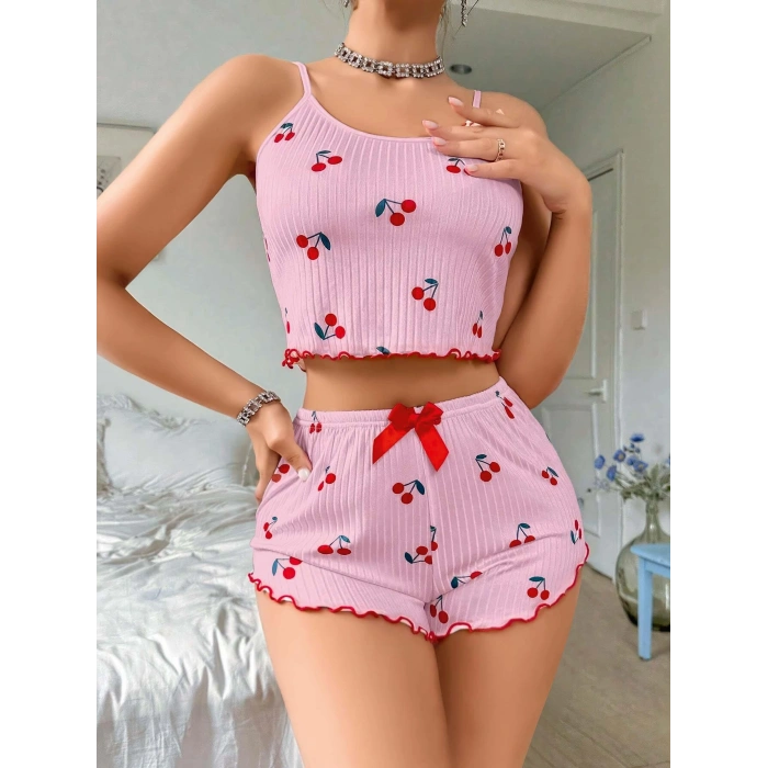 Kadın Pembe Kiraz Desenli Askılı Şortlu Pijama Takım 6656