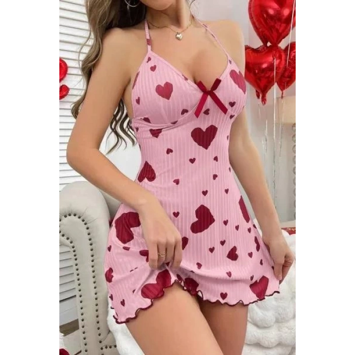 Kadın Pembe Kırmızı Kalp Desenli Askılı Sırt Dekolteli Elbise 5064