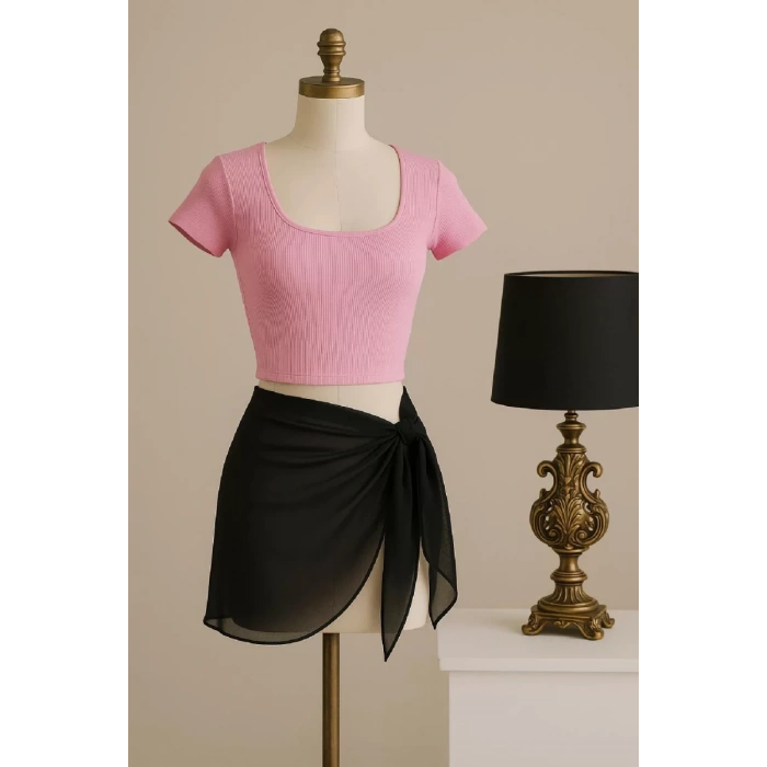 Kadın Pembe Yarım Kol Crop Ve Siyah Pareo 2li Set