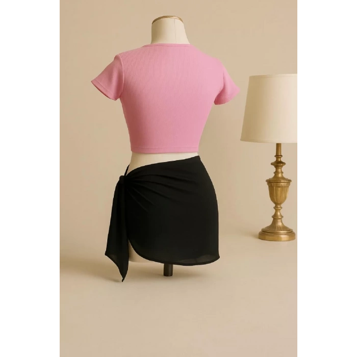 Kadın Pembe Yarım Kol Crop Ve Siyah Pareo 2li Set