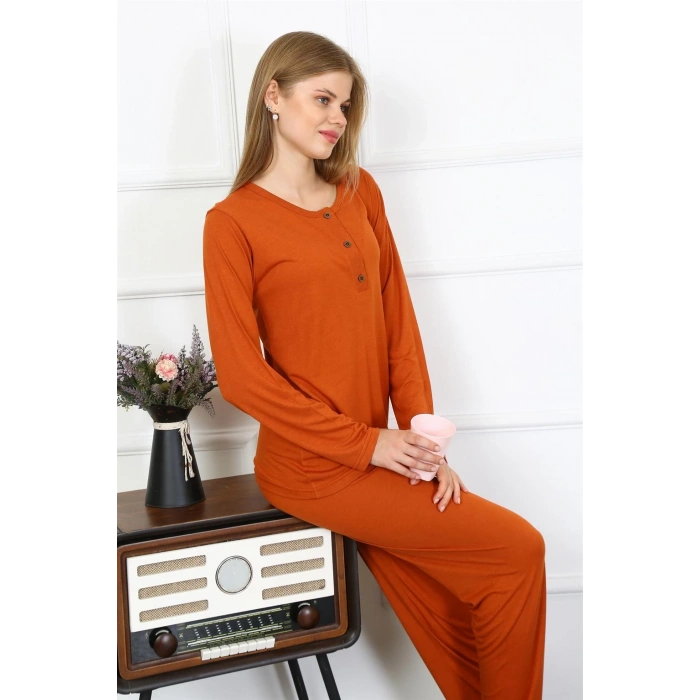 Kadın Penye Uzun Kol Patlı Pijama Takım Kiremit
