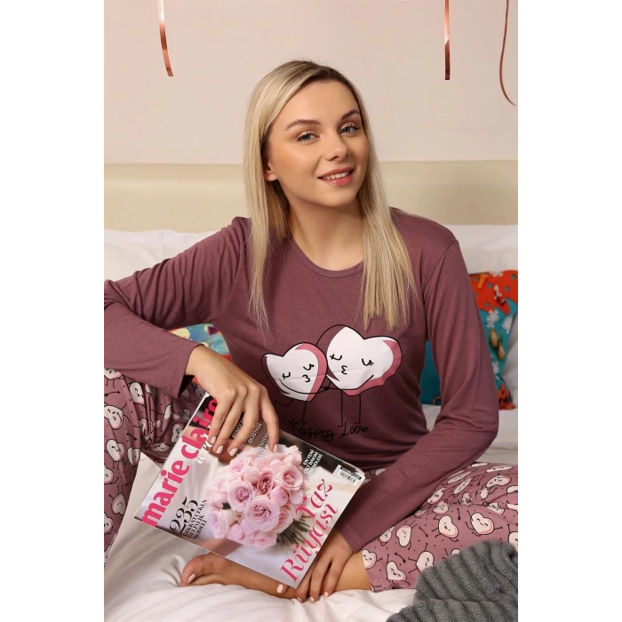 Kadın Penye Uzun Kol Pijama Takım Mürdüm