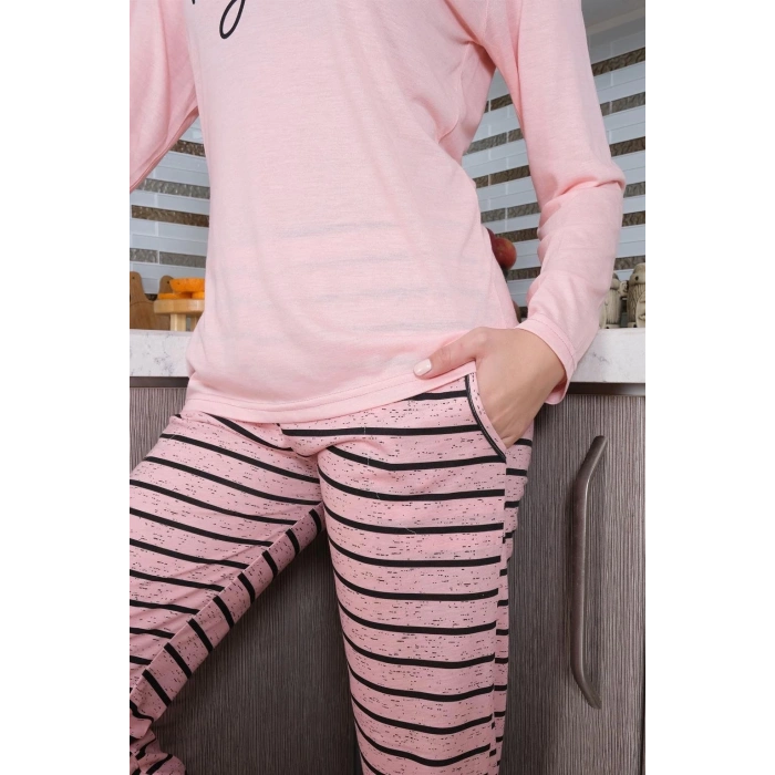 Kadın Penye Uzun Kol Pijama Takım Pembe
