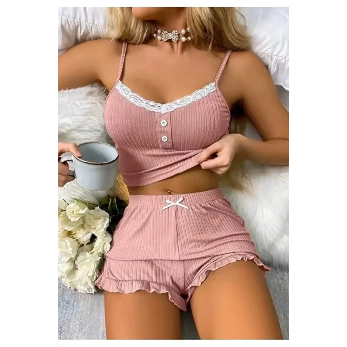 Kadın Pudra Dantel Detaylı Şortlu Gecelik Pijama Takımı 5015