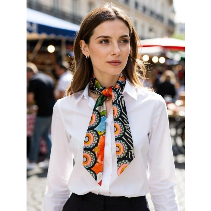 Kadın Renkli Saten Geometrik Desenli Fular Zarif ve Canlı Tasarım – Günlük & Ofis, Hediye Edilebilir