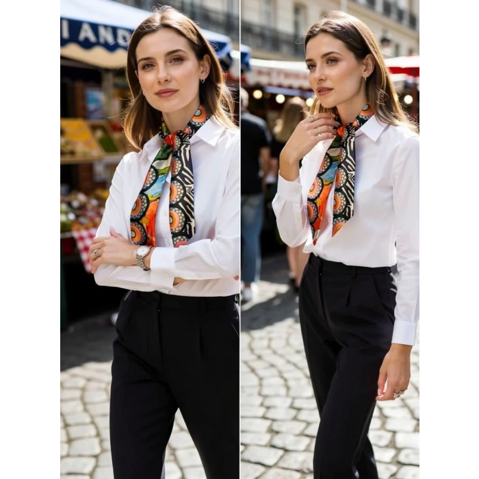 Kadın Renkli Saten Geometrik Desenli Fular Zarif ve Canlı Tasarım – Günlük & Ofis, Hediye Edilebilir