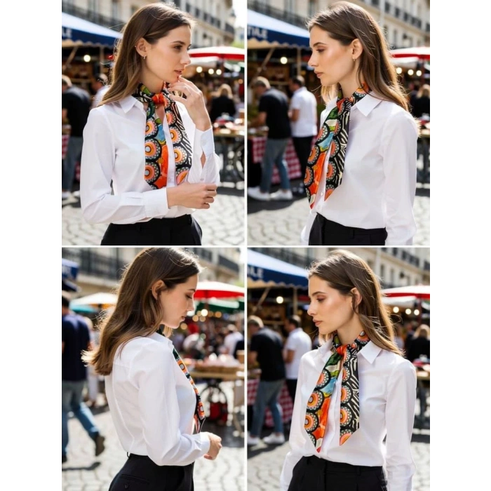 Kadın Renkli Saten Geometrik Desenli Fular Zarif ve Canlı Tasarım – Günlük & Ofis, Hediye Edilebilir