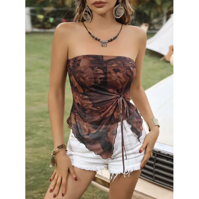 Kadın Resim Desenli Crop Önden Büzgü detaylı 5097