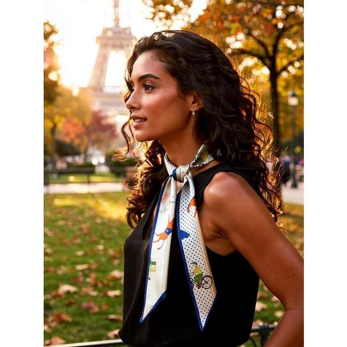 Kadın Retro Karakter Figürlü Puantiye Desenli Fular – Zarif ve Eğlenceli Stil