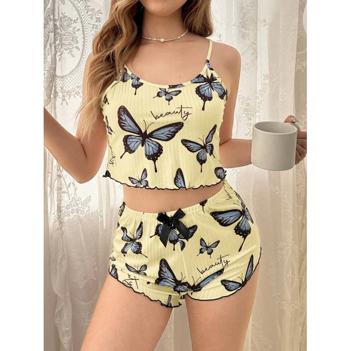 Kadın Sarı Kelebek Desenli Askılı Şortlu Ribana Pijama Takımı,Rahat ve Şık Ev Giyim,Kadın Pijama