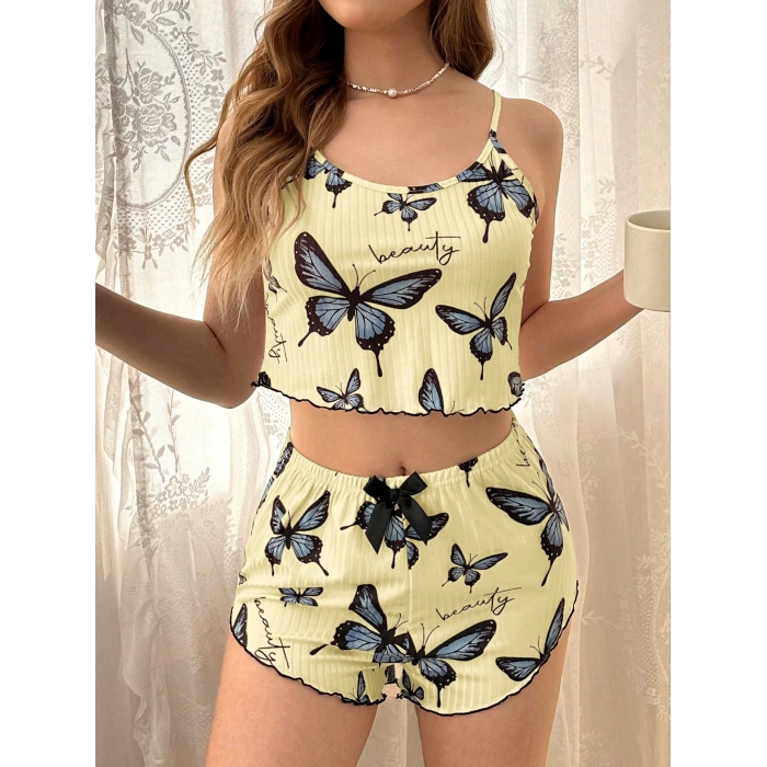 Kadın Sarı Kelebek Desenli Askılı Şortlu Ribana Pijama Takımı,Rahat ve Şık Ev Giyim,Kadın Pijama