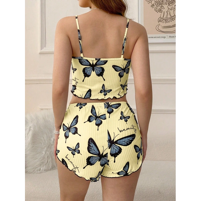 Kadın Sarı Kelebek Desenli Askılı Şortlu Ribana Pijama Takımı,Rahat ve Şık Ev Giyim,Kadın Pijama