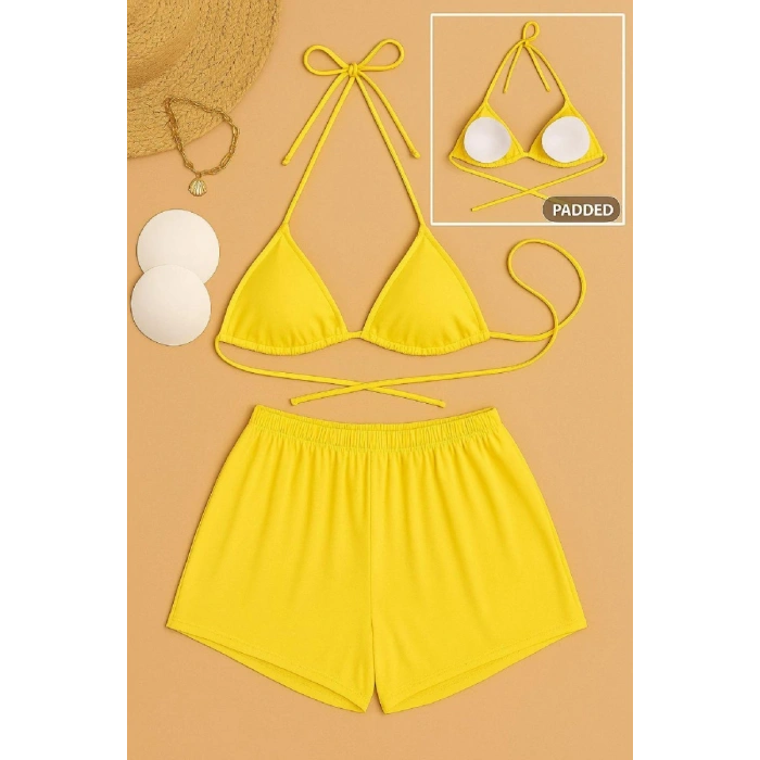 Kadın Sarı Şortlu Belden Ve Boyundan Bağlamalı Bikini Takımı