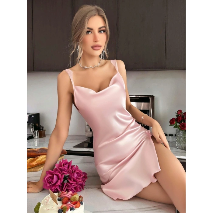Kadın Saten Askılı Dantel Detaylı Gecelik - Pudra Pembe 2224