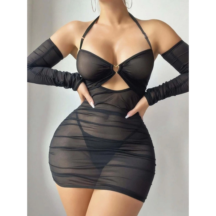 Kadın siayh Fantazi  Kostüm kolları  U tül detaylı 2182