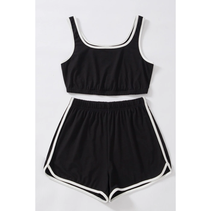 Kadın Siyah Askılı Crop Top Ve Şortlu Gecelik Takım H110560