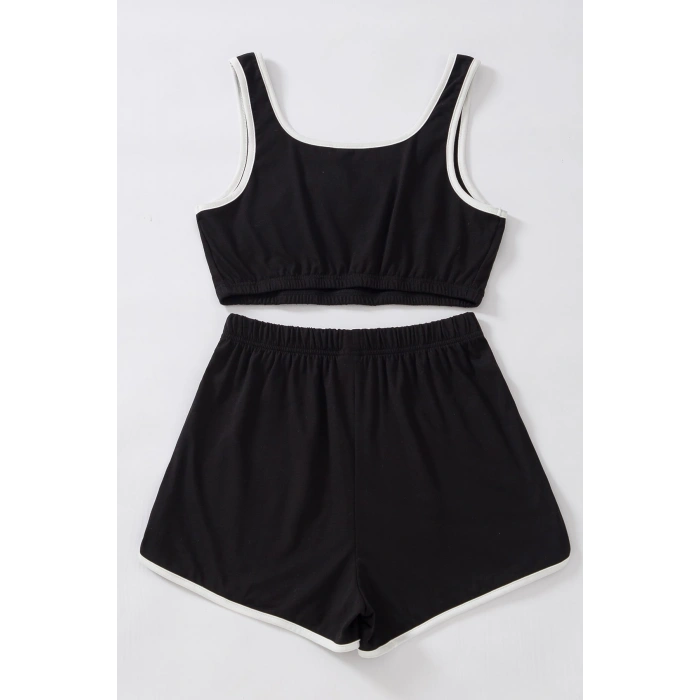 Kadın Siyah Askılı Crop Top Ve Şortlu Gecelik Takım H110560