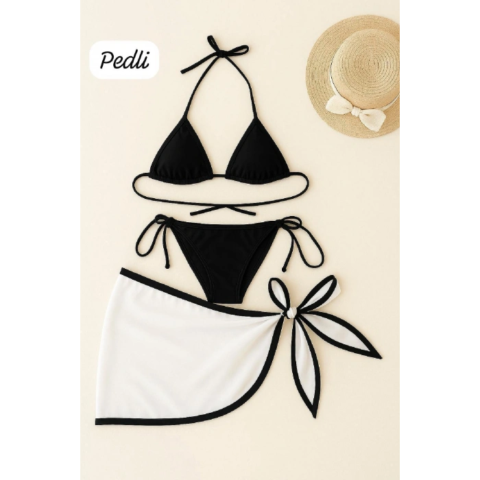 Kadın Siyah Beyaz Pareolu Yandan Ve Boyundan Bağlamalı 3lü Bikini Takımı