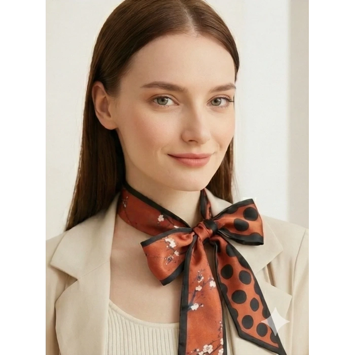 Kadın Siyah Çiçek Puantiye Modern Geometrik Desenli Fular– Ofis ve Günlük Stil – Şık Hediye Seçeneği