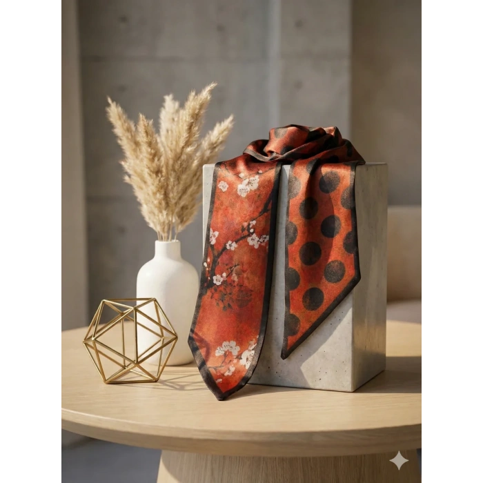 Kadın Siyah Çiçek Puantiye Modern Geometrik Desenli Fular– Ofis ve Günlük Stil – Şık Hediye Seçeneği