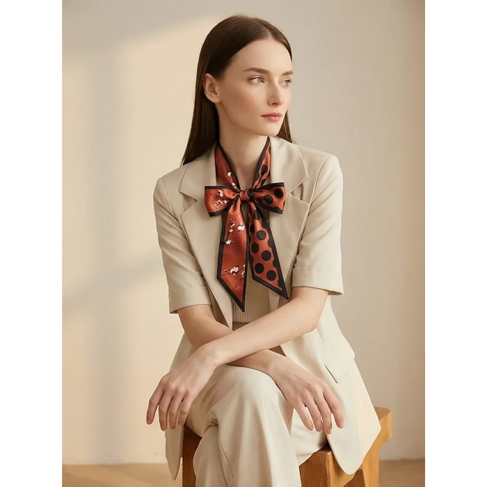 Kadın Siyah Çiçek Puantiye Modern Geometrik Desenli Fular– Ofis ve Günlük Stil – Şık Hediye Seçeneği